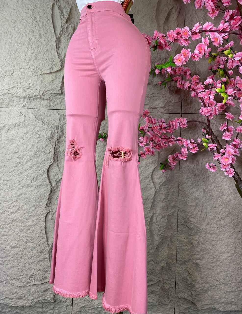 PANTALON CAMPANA DESGARRE MEZCLILLA ROSA