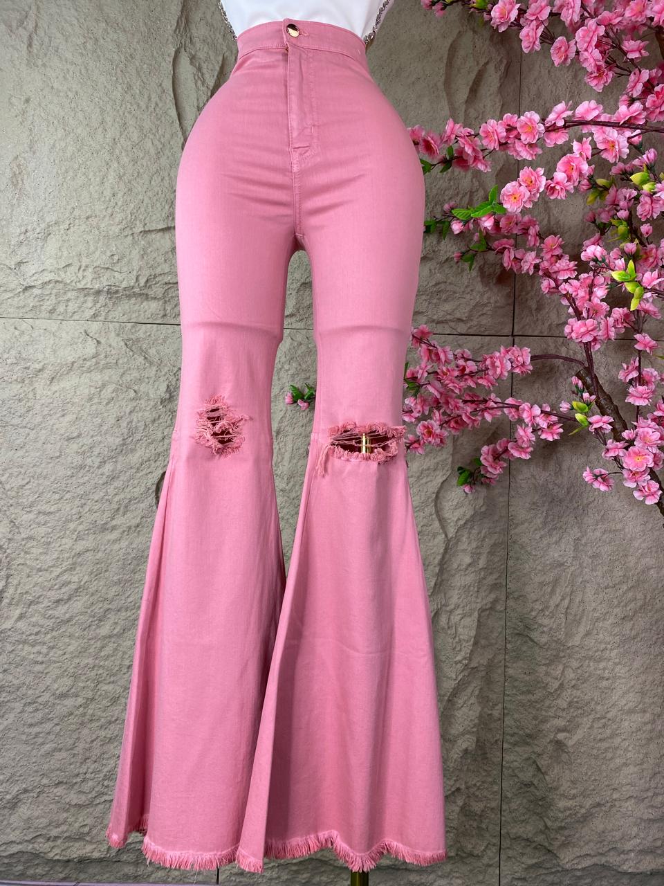 PANTALON CAMPANA DESGARRE MEZCLILLA ROSA