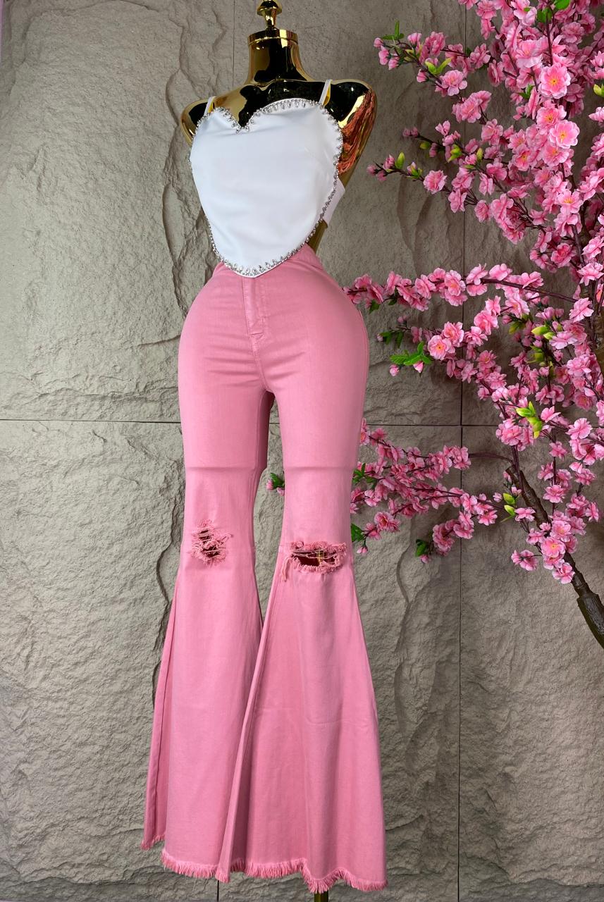 PANTALON CAMPANA DESGARRE MEZCLILLA ROSA