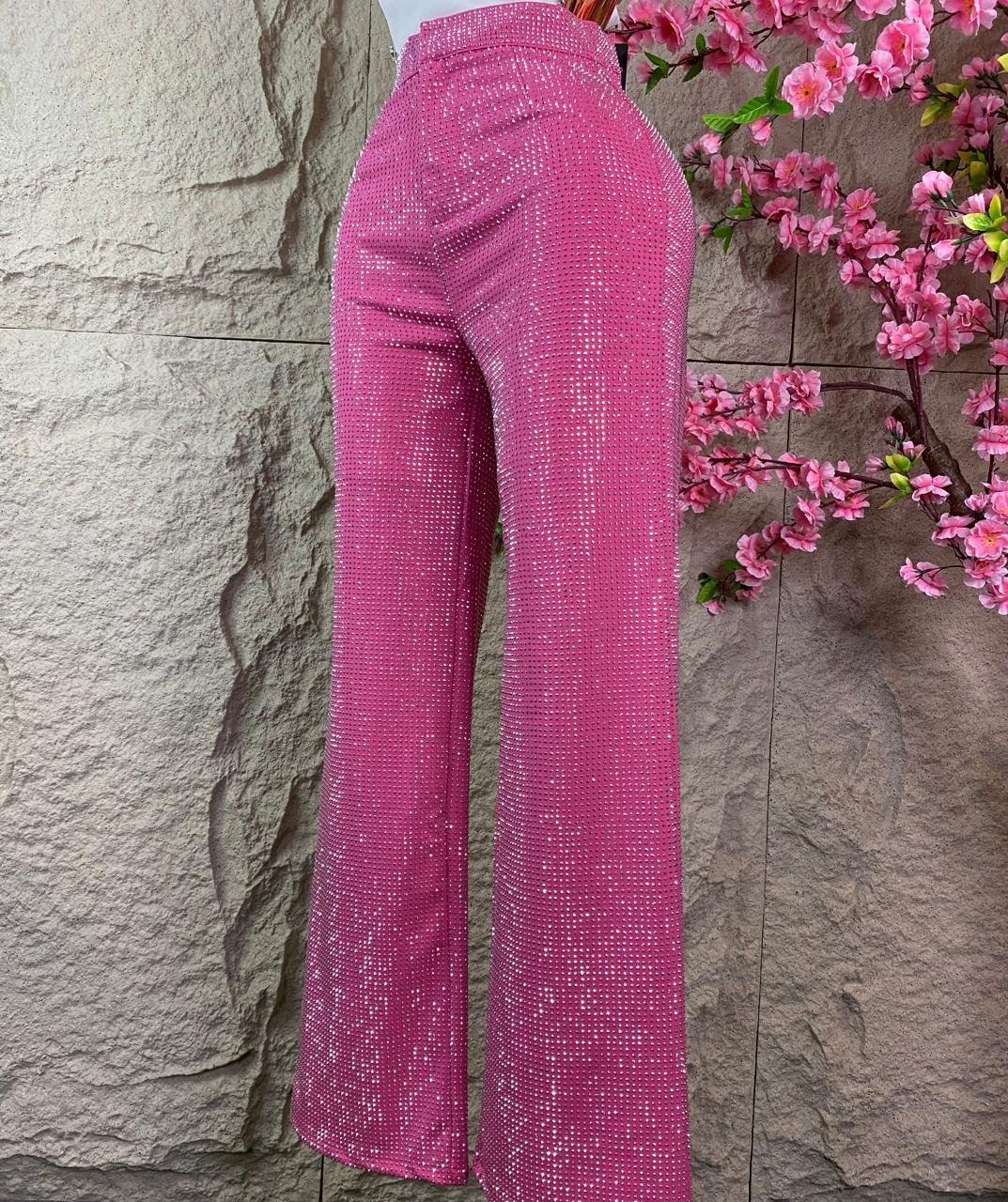 PANTALON CAMPANA CON BRILLOS ROSA