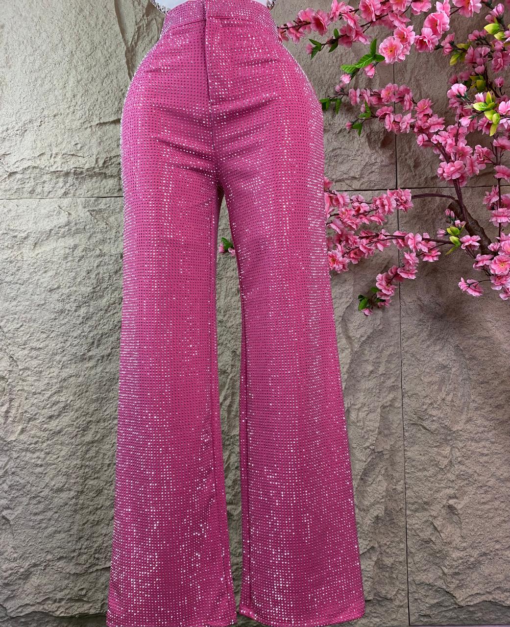 PANTALON CAMPANA CON BRILLOS ROSA