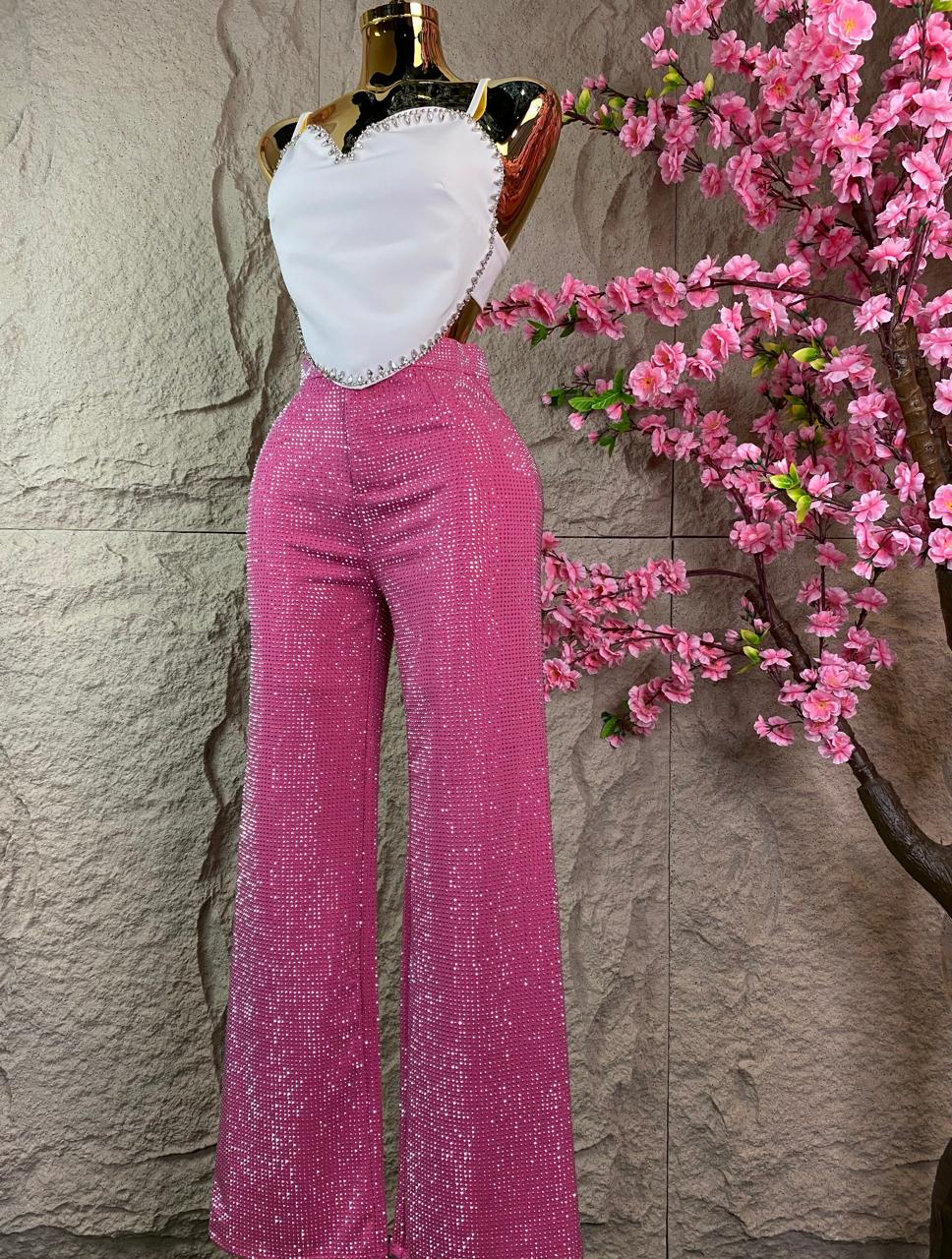 PANTALON CAMPANA CON BRILLOS ROSA