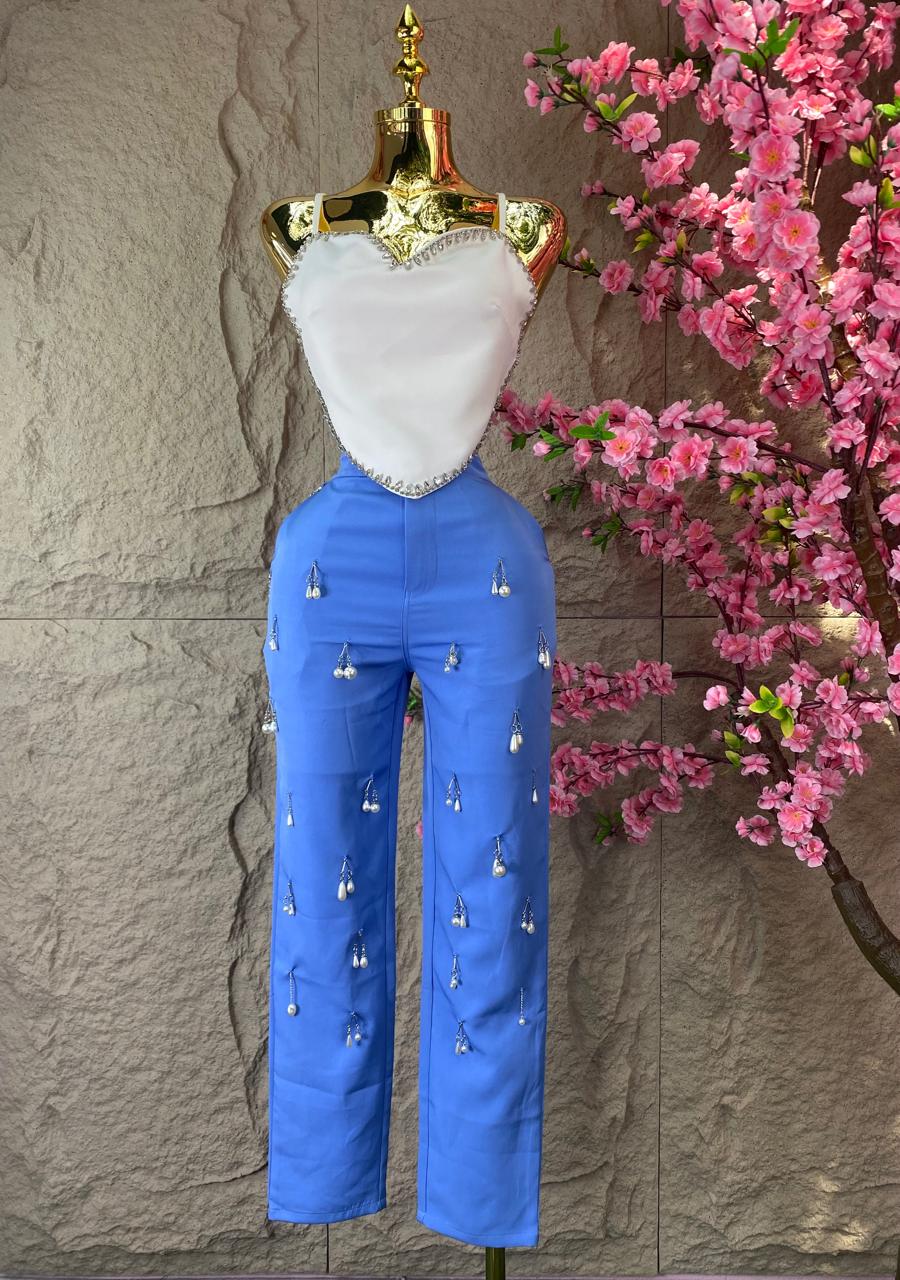 PANTALON CON PERLAS AZUL – PINK RUNWAY - Main Image