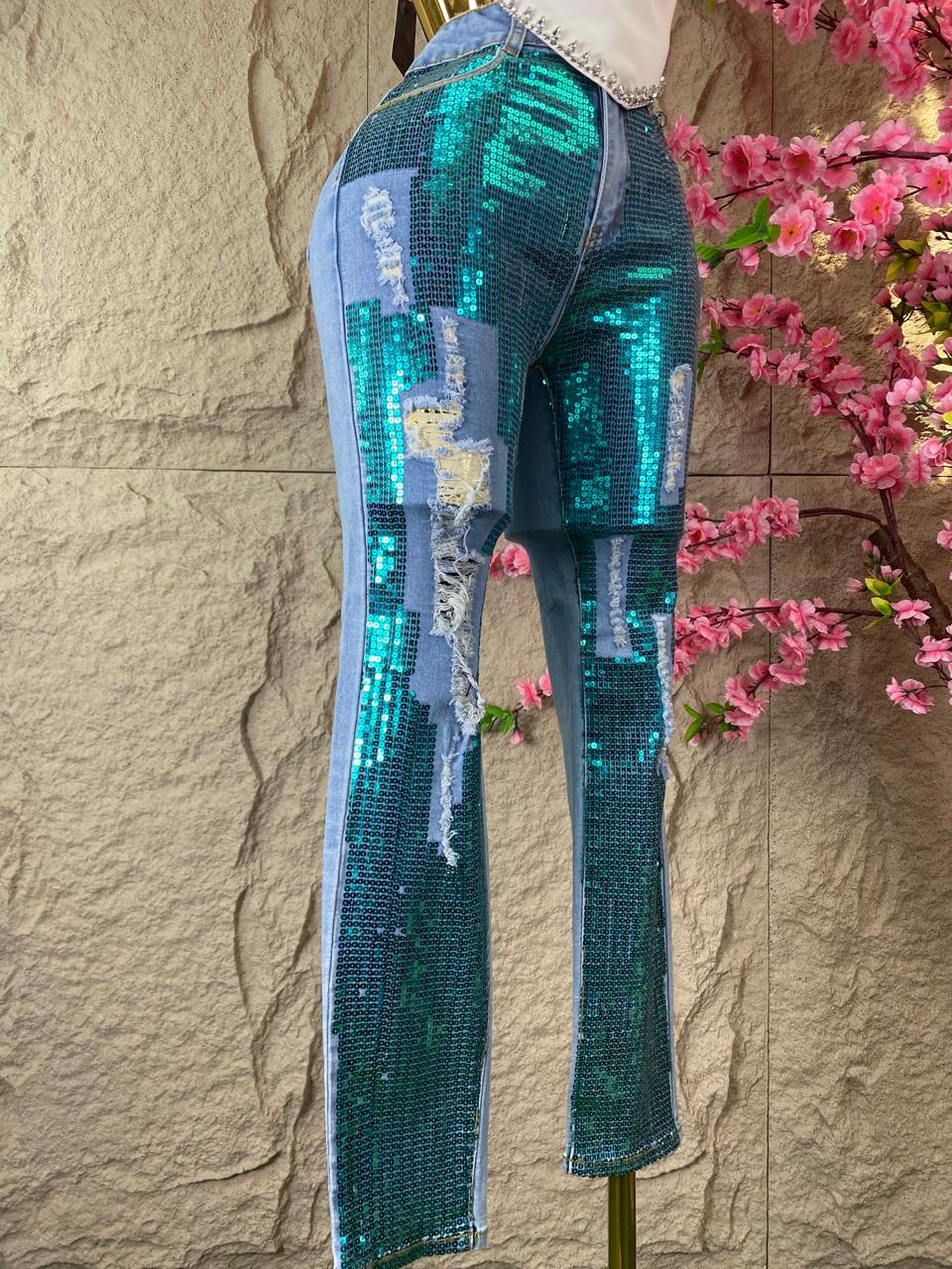 PANTALON CON LENTEJUELA MEZCLILLA AZUL