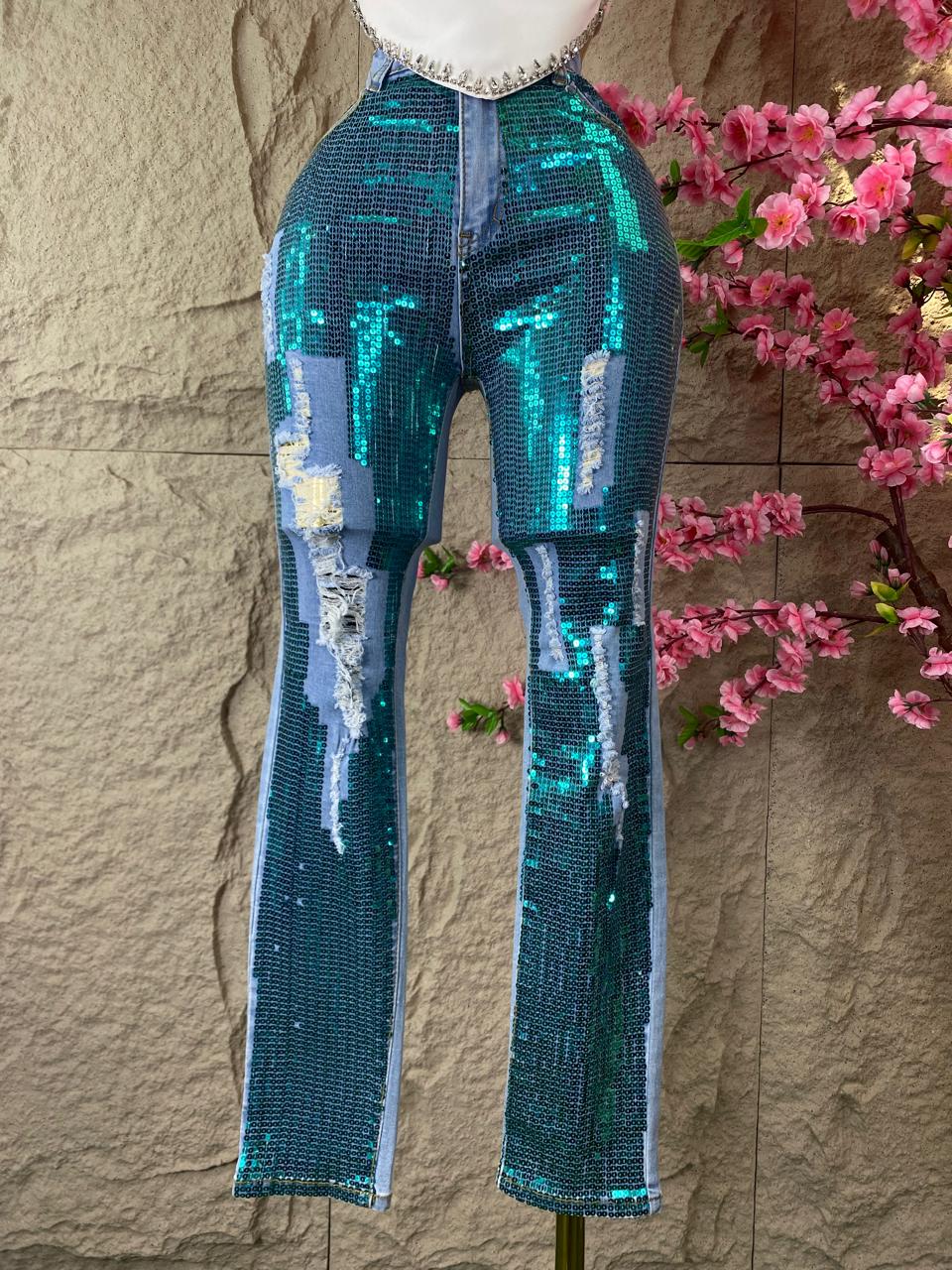PANTALON CON LENTEJUELA MEZCLILLA AZUL