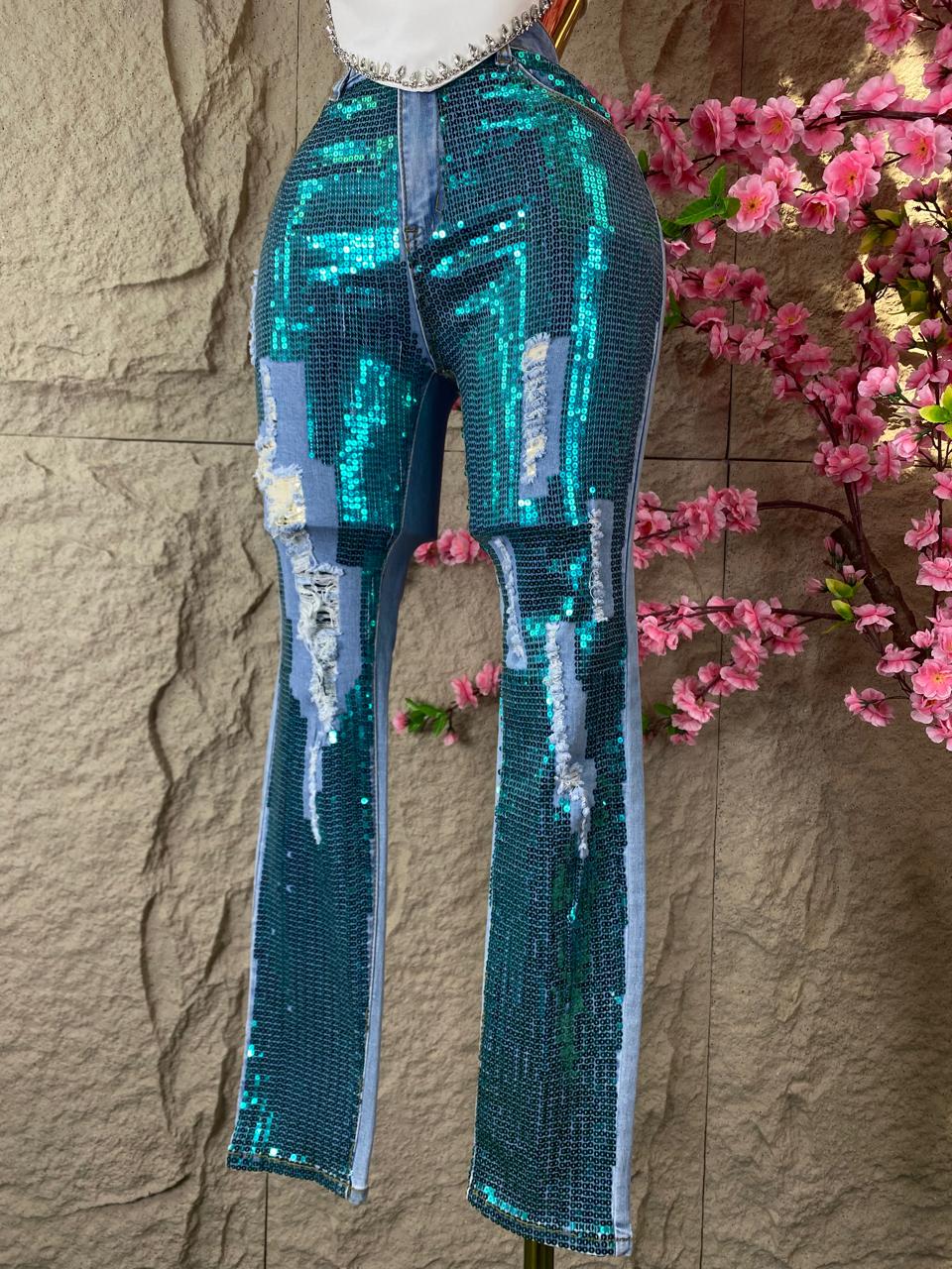 PANTALON CON LENTEJUELA MEZCLILLA AZUL