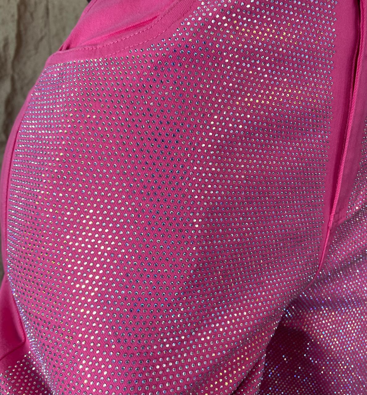 PANTALON CON BRILLOS MEZCLILLA DESGARRE ROSA