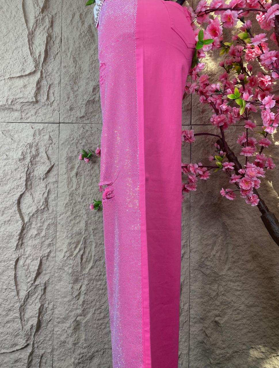PANTALON CON BRILLOS MEZCLILLA DESGARRE ROSA