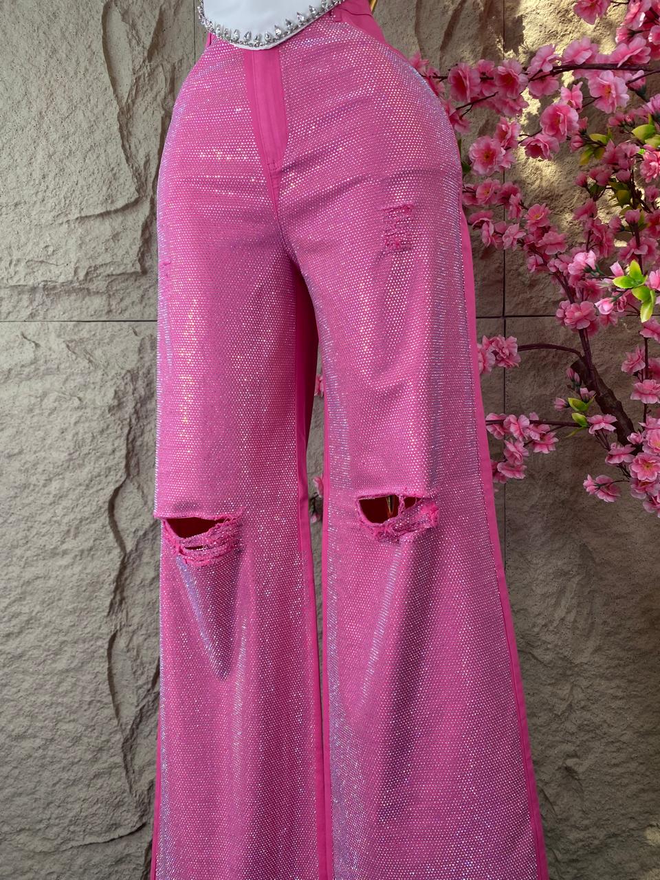 PANTALON CON BRILLOS MEZCLILLA DESGARRE ROSA
