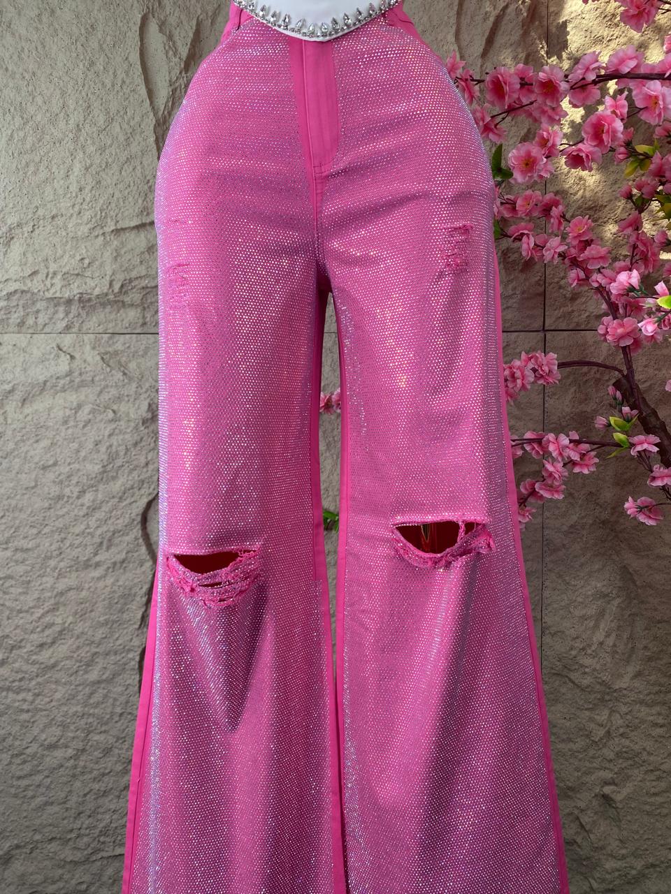 PANTALON CON BRILLOS MEZCLILLA DESGARRE ROSA