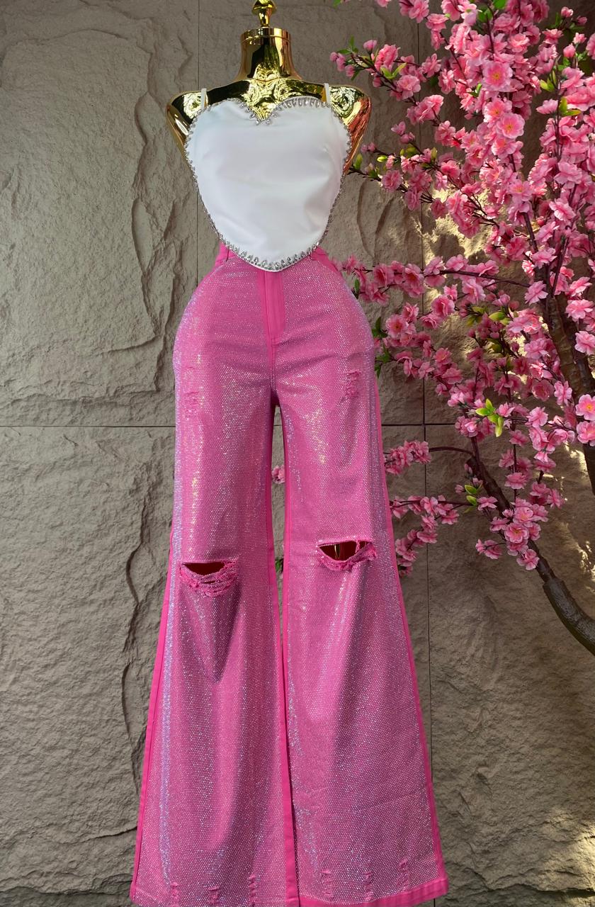 PANTALON CON BRILLOS MEZCLILLA DESGARRE ROSA