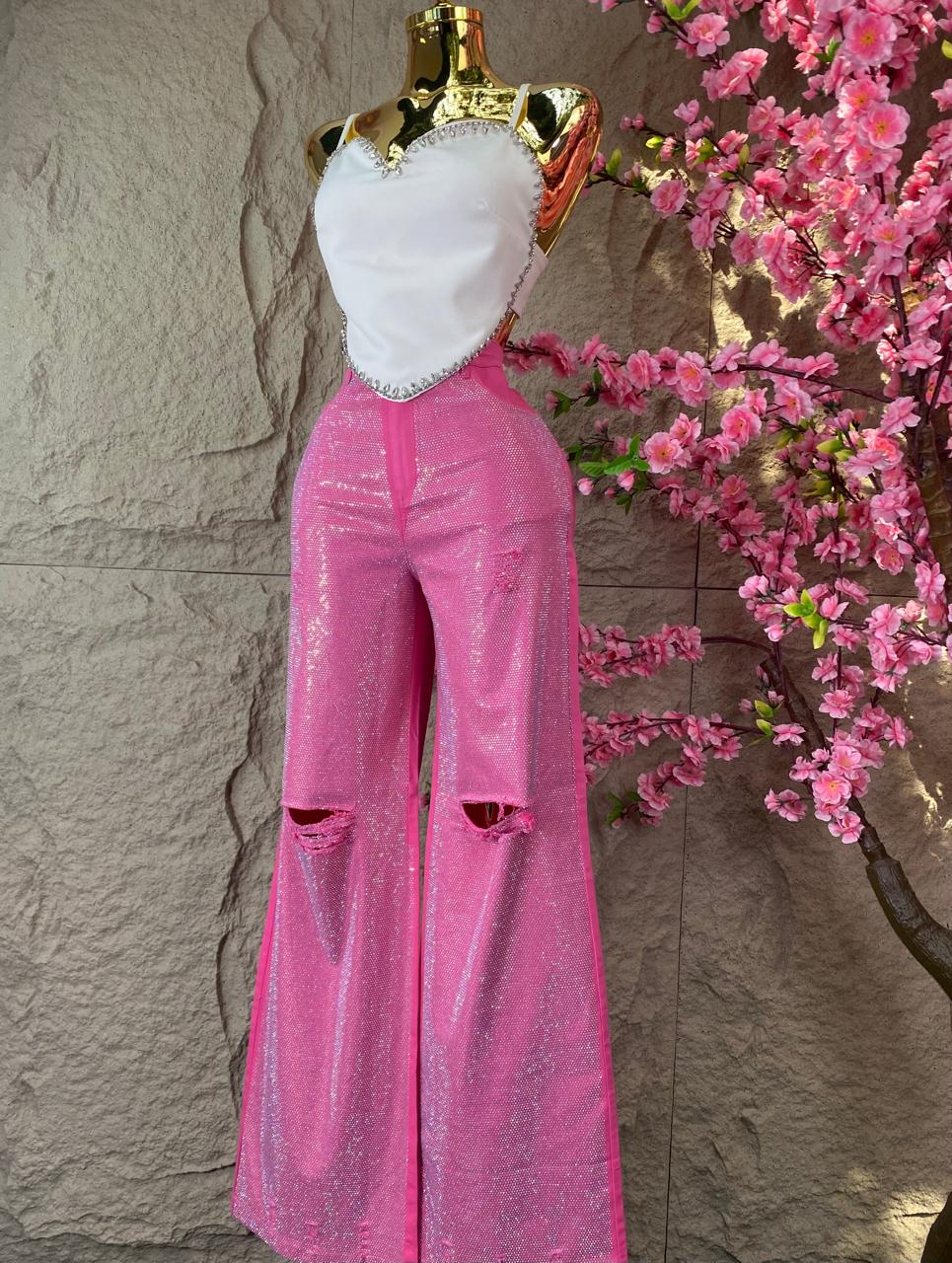 PANTALON CON BRILLOS MEZCLILLA DESGARRE ROSA