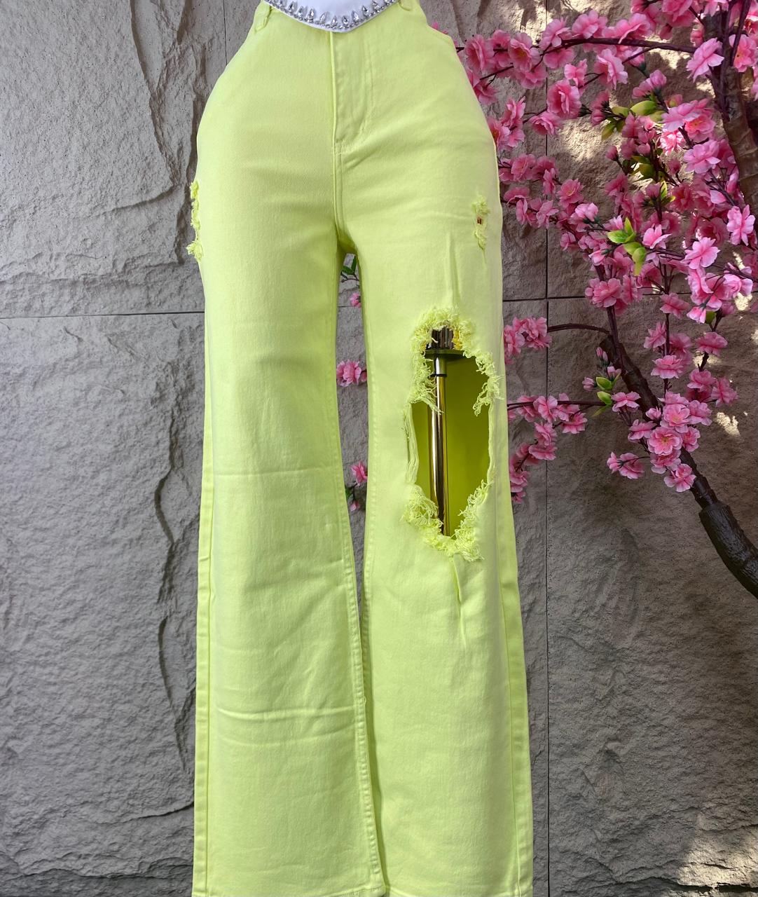 PANTALON CON AGUJERO FLUORECENTE MEZCLILLA VERDE