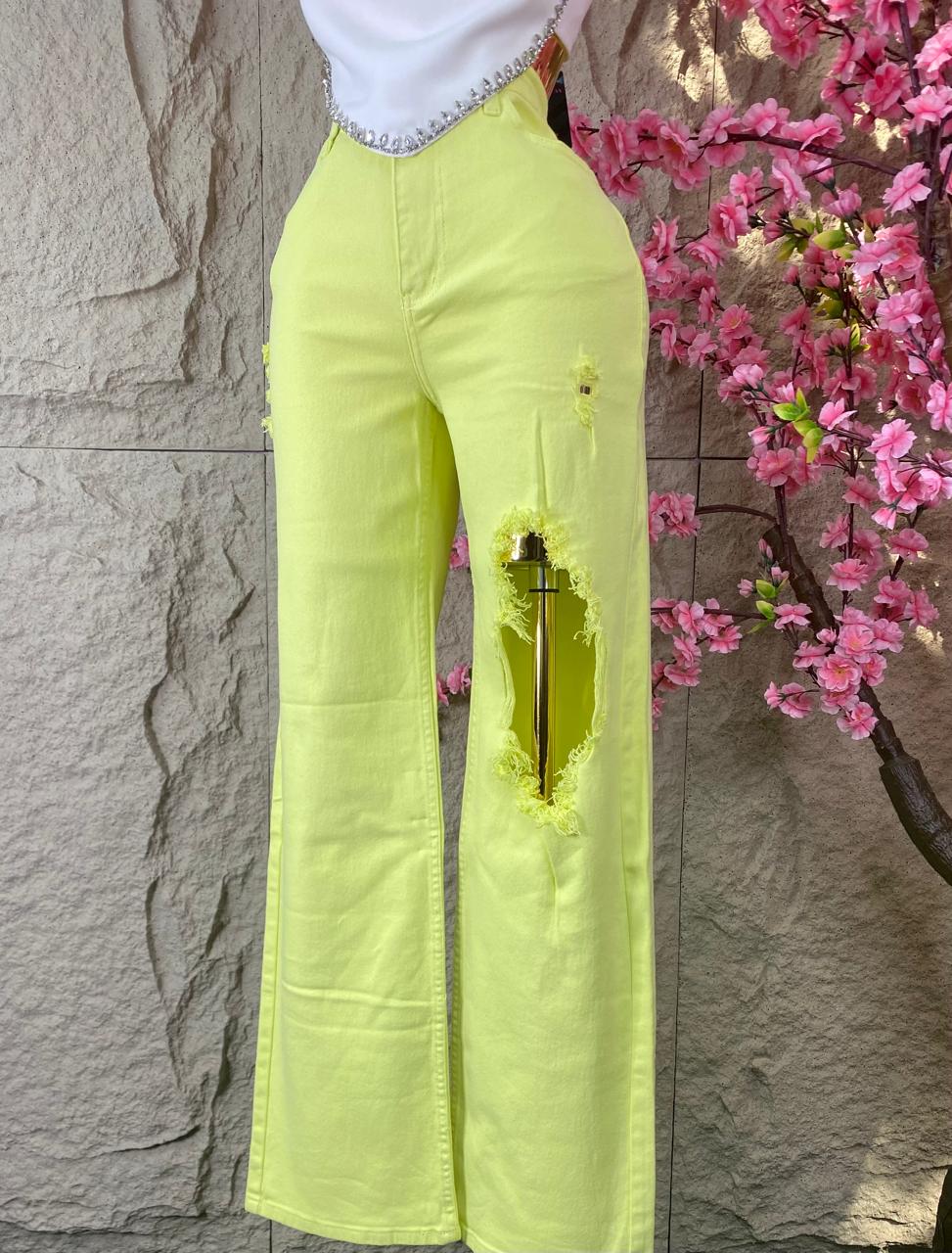 PANTALON CON AGUJERO FLUORECENTE MEZCLILLA VERDE