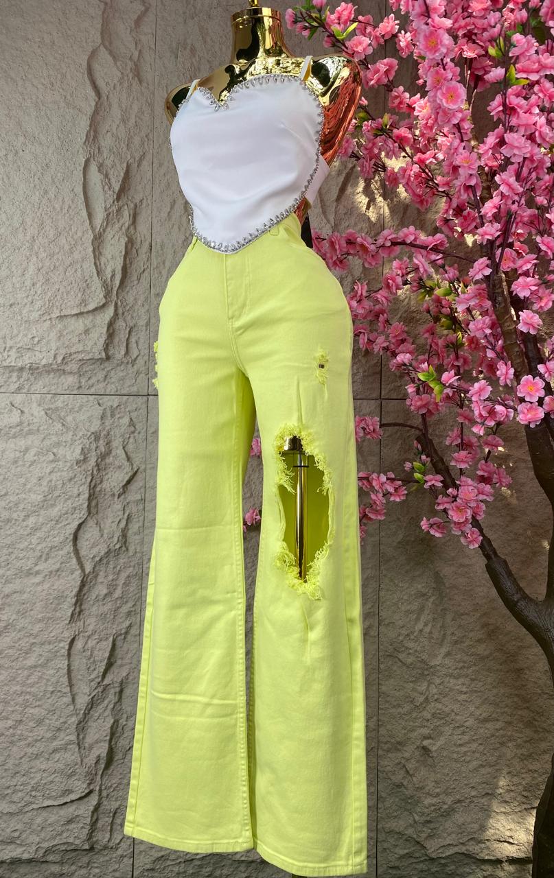 PANTALON CON AGUJERO FLUORECENTE MEZCLILLA VERDE
