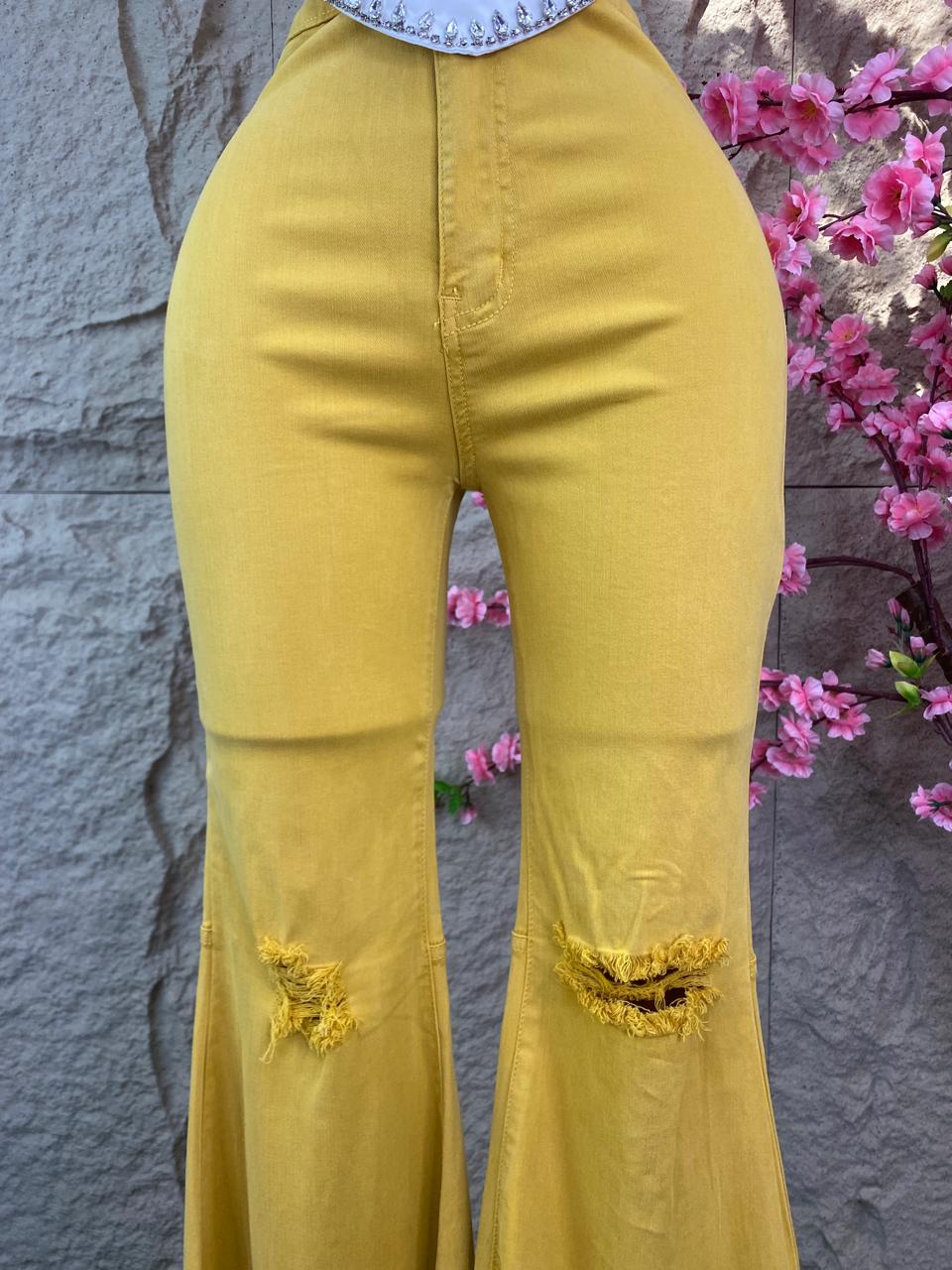 PANTALON CAMPANA MEZCLILLA MOSTAZA
