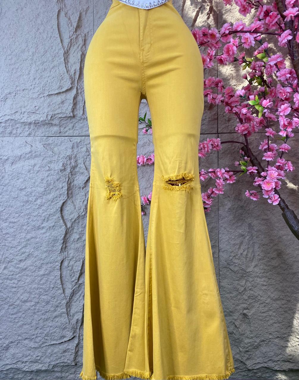 PANTALON CAMPANA MEZCLILLA MOSTAZA