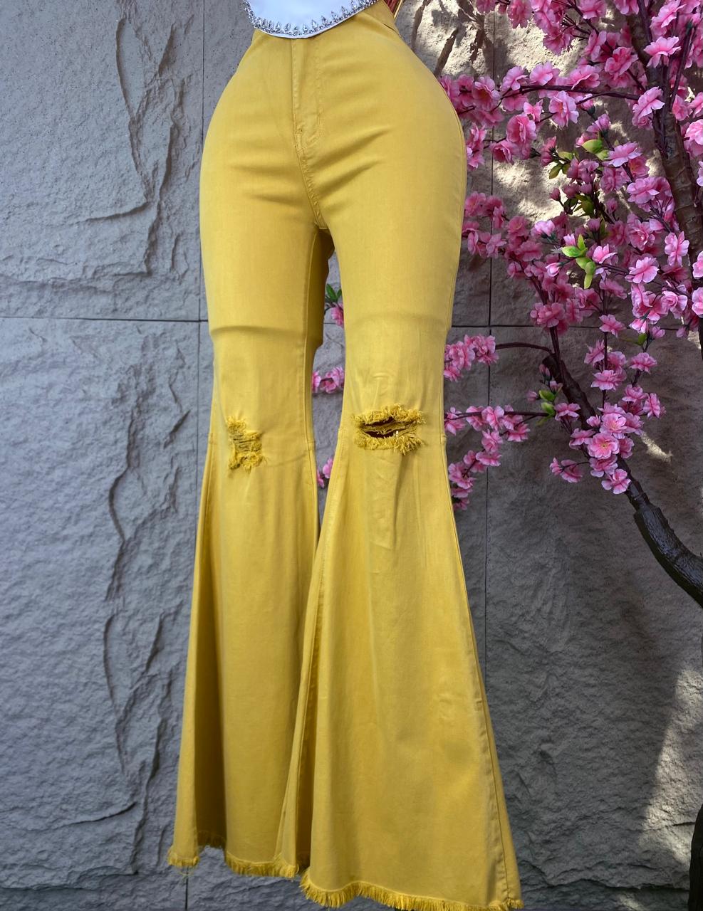 PANTALON CAMPANA MEZCLILLA MOSTAZA