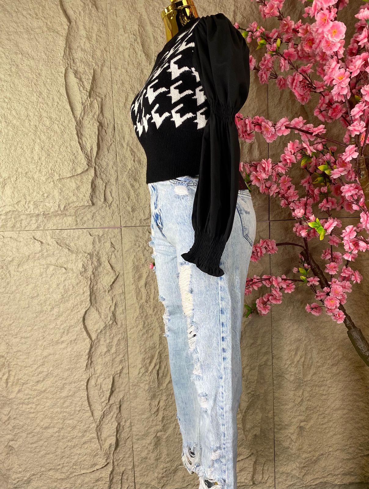 PANTALON RECTO DESGARRADO JASPEADO AZUL CLARO
