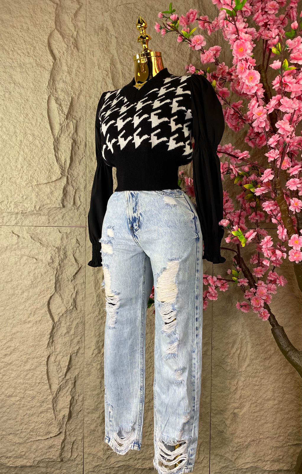 PANTALON RECTO DESGARRADO JASPEADO AZUL CLARO
