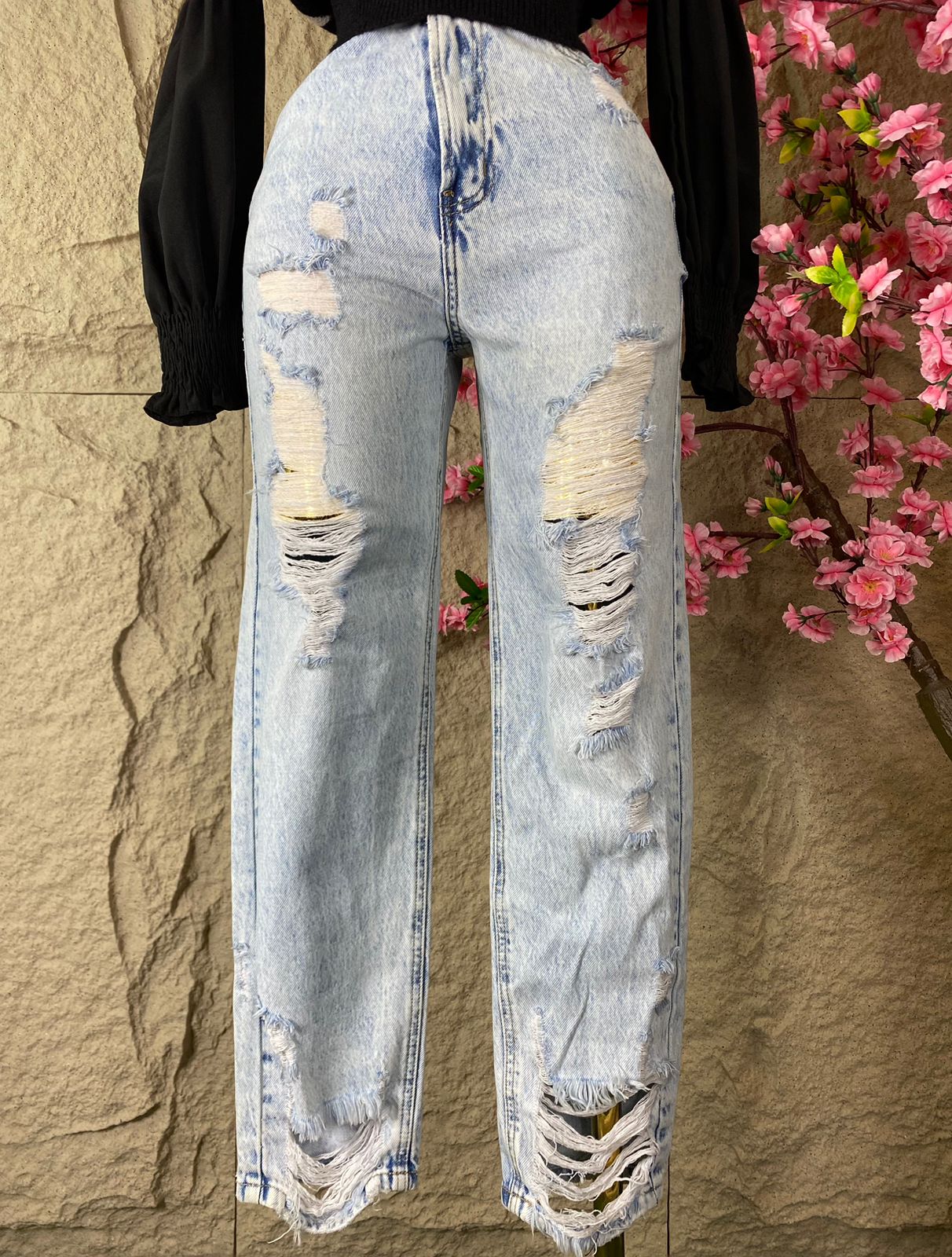 PANTALON RECTO DESGARRADO JASPEADO AZUL CLARO