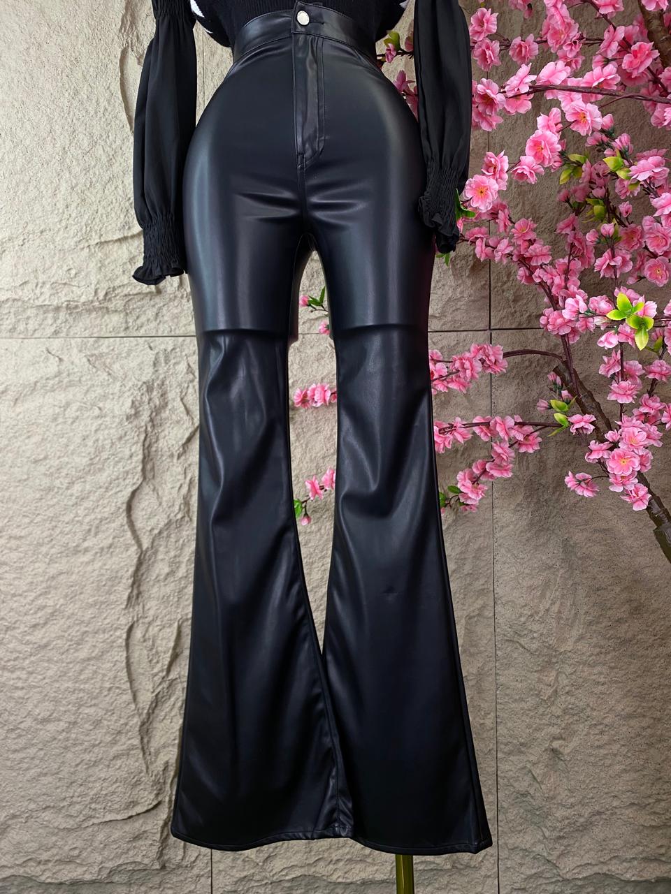 PANTALON TIPO CAMPANA MESH VINIPIEL NEGRO