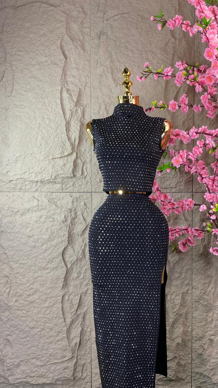 SET FALDA LARGA/ TOP CON BRILLOS NEGRO