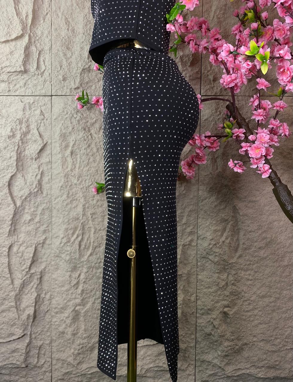 SET FALDA LARGA/ TOP CON BRILLOS NEGRO