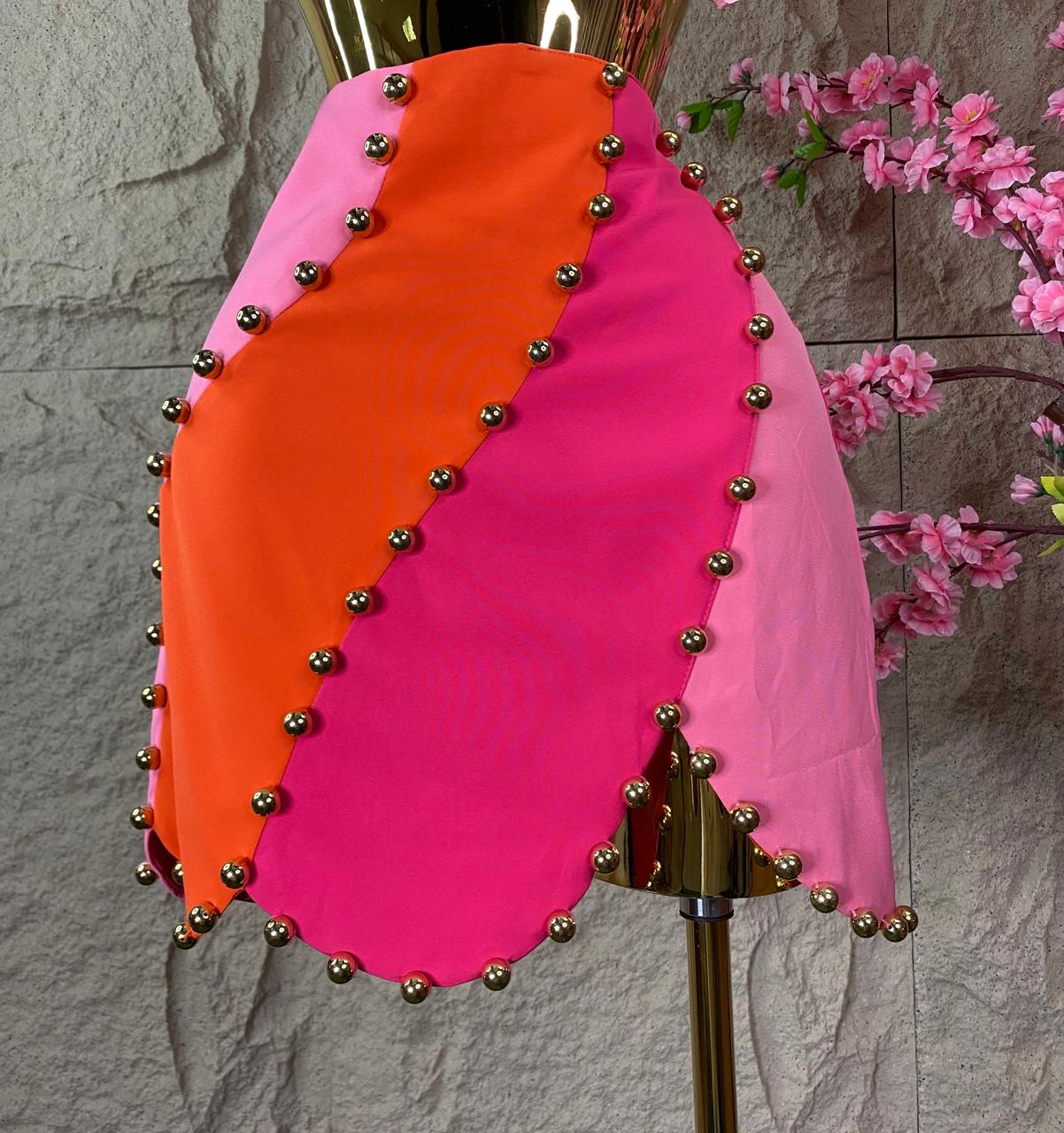 SET FALDA/TOP BICOLOR NARANJA/ROSA PERLITAS DORADAS