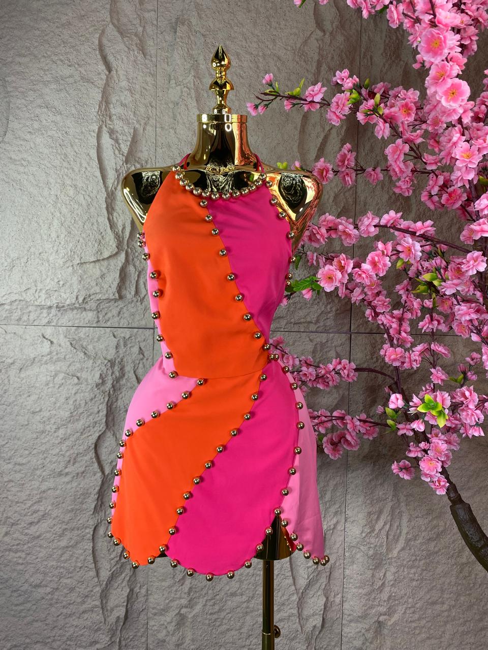 SET FALDA/TOP BICOLOR NARANJA/ROSA PERLITAS DORADAS