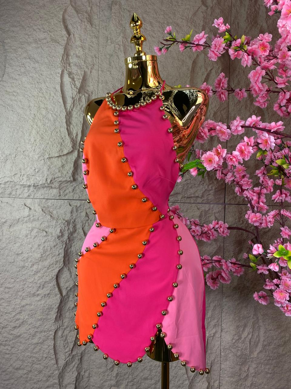 SET FALDA/TOP BICOLOR NARANJA/ROSA PERLITAS DORADAS
