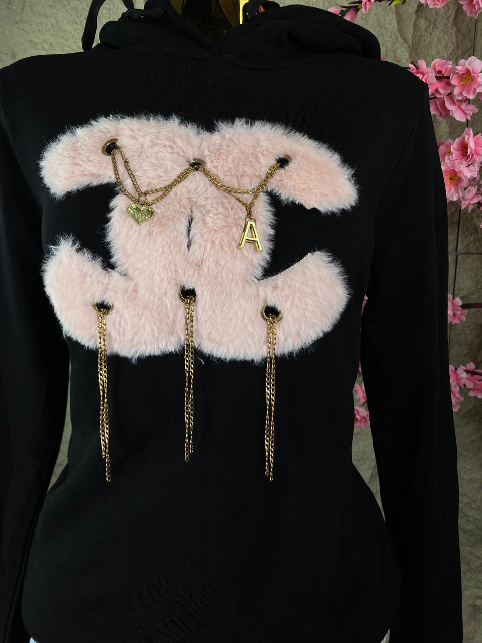 SUDADERA CON GORRO CONEJO PELUCHE NEGRO