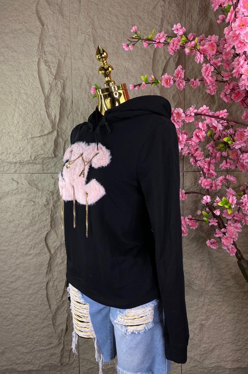 SUDADERA CON GORRO CONEJO PELUCHE NEGRO