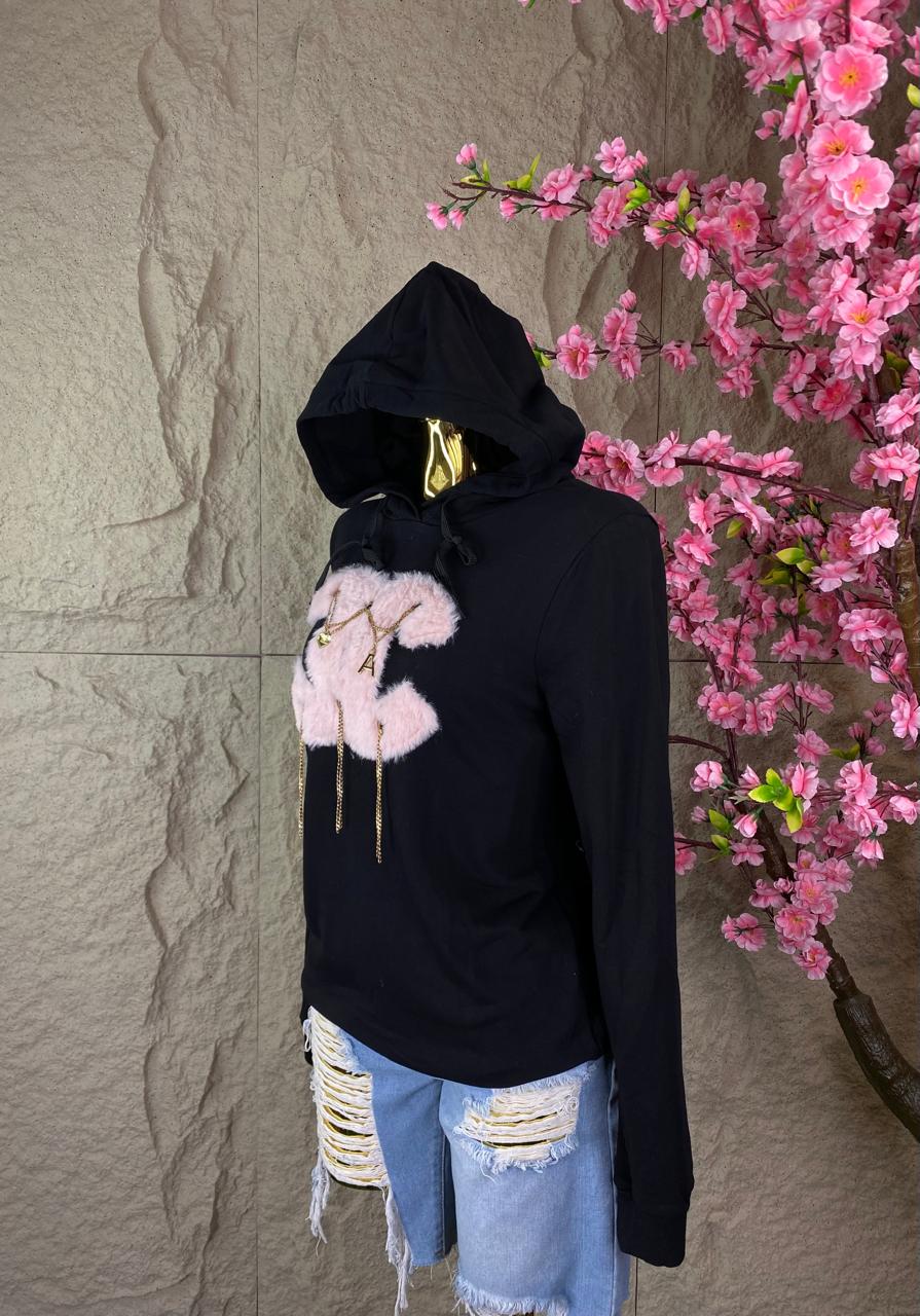 SUDADERA CON GORRO CONEJO PELUCHE NEGRO