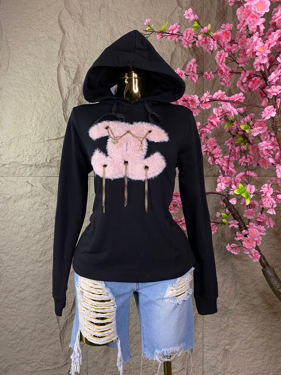 SUDADERA CON GORRO CONEJO PELUCHE NEGRO