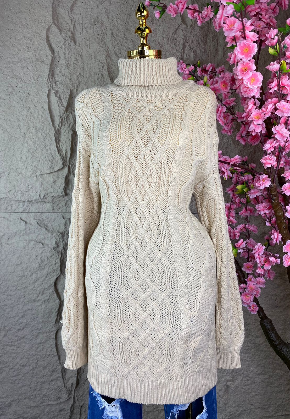 SWEATER LARGO TEJIDO BEIGE