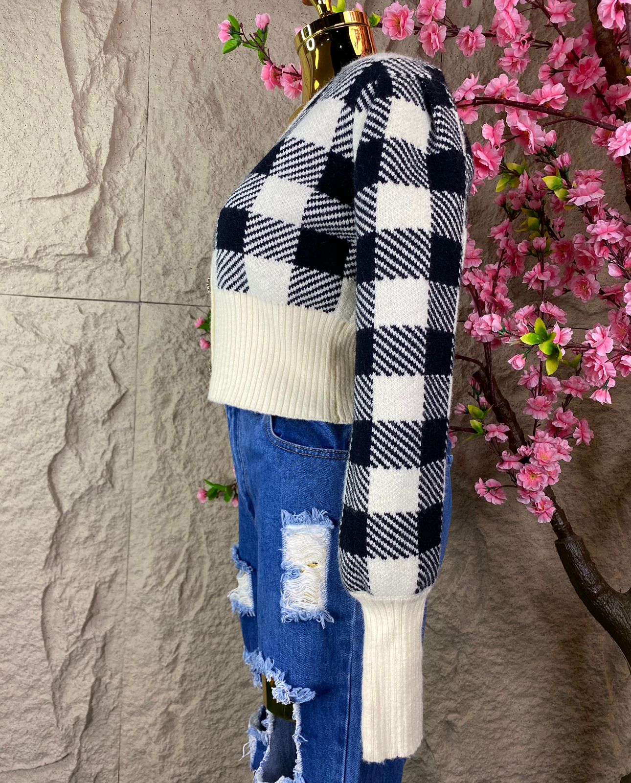 SWEATER CORTO MANGAS BOMBER BEIGE/NEGRO