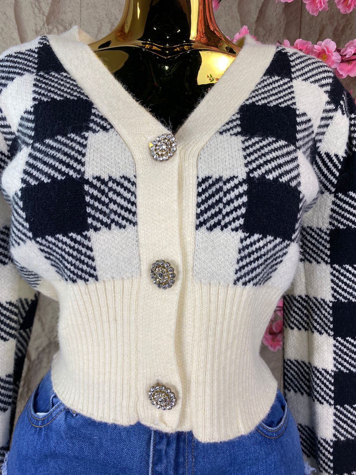 SWEATER CORTO MANGAS BOMBER BEIGE/NEGRO