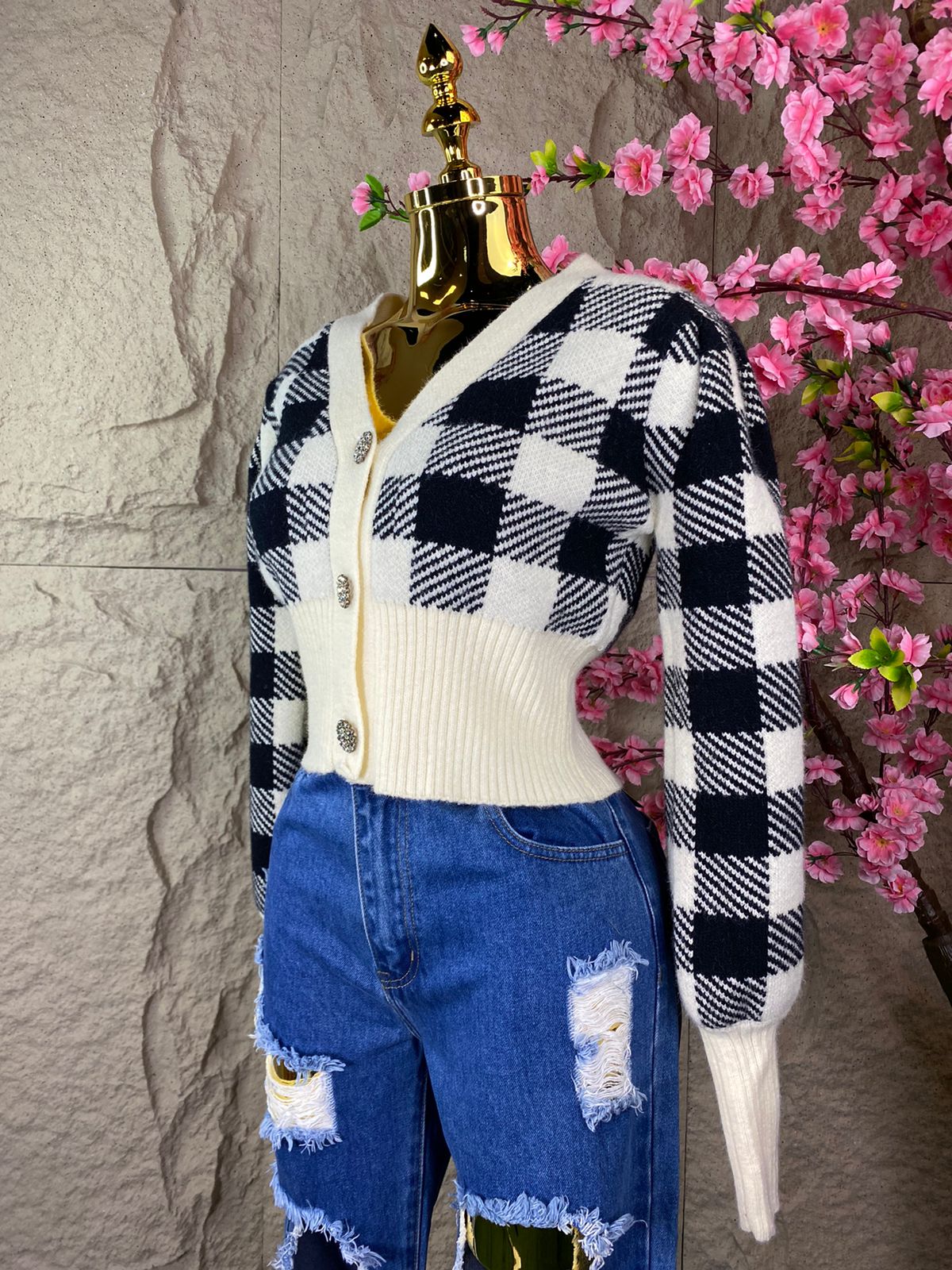 SWEATER CORTO MANGAS BOMBER BEIGE/NEGRO