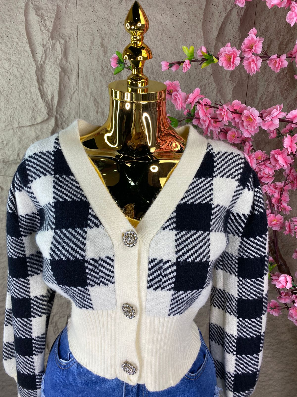 SWEATER CORTO MANGAS BOMBER BEIGE/NEGRO