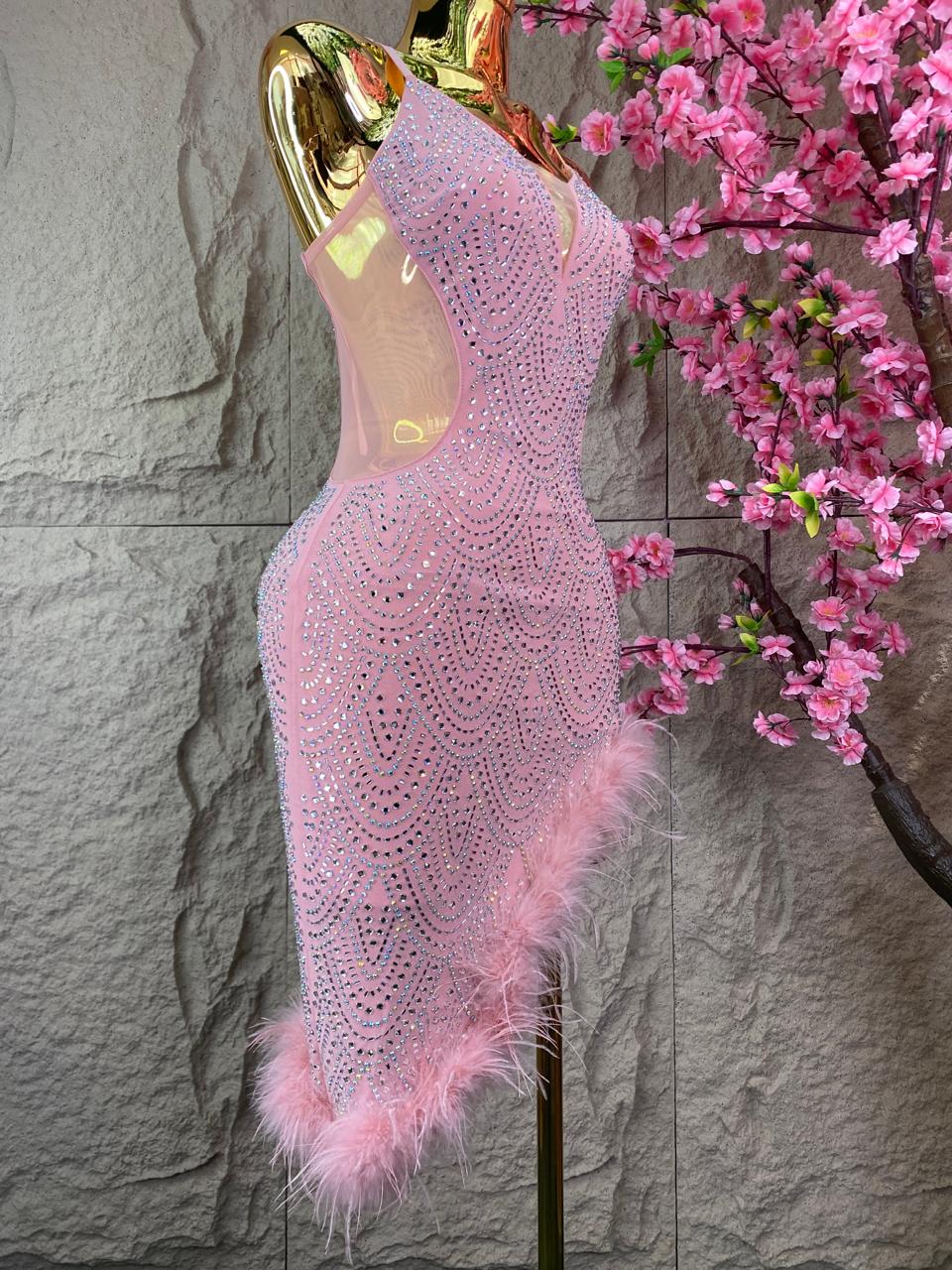 VESTIDO CORTE DIAGONAL CON TRANSPARENCIAS BRILLOS Y PLUMAS PALO DE ROSA