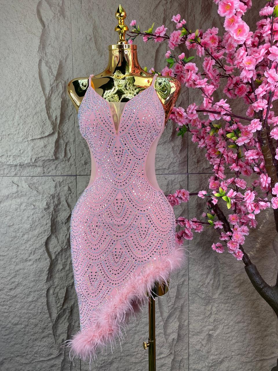 VESTIDO CORTE DIAGONAL CON TRANSPARENCIAS BRILLOS Y PLUMAS PALO DE ROSA