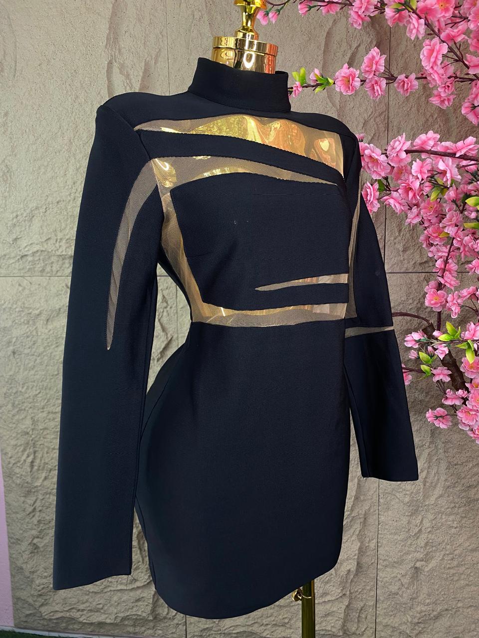 VESTIDO CON MALLA Y TRANSPARENCIAS NEGRO