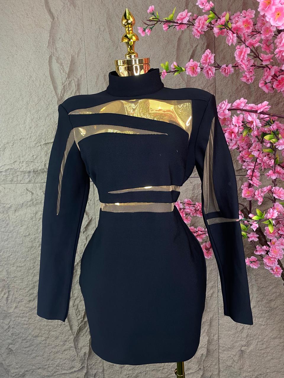 VESTIDO CON MALLA Y TRANSPARENCIAS NEGRO