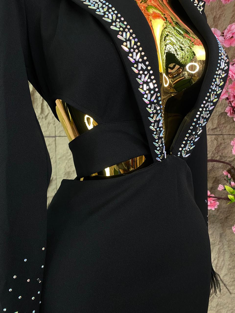 VESTIDO CON ESCOTE EN CADERA CON CRISTALES Y PLUMAS