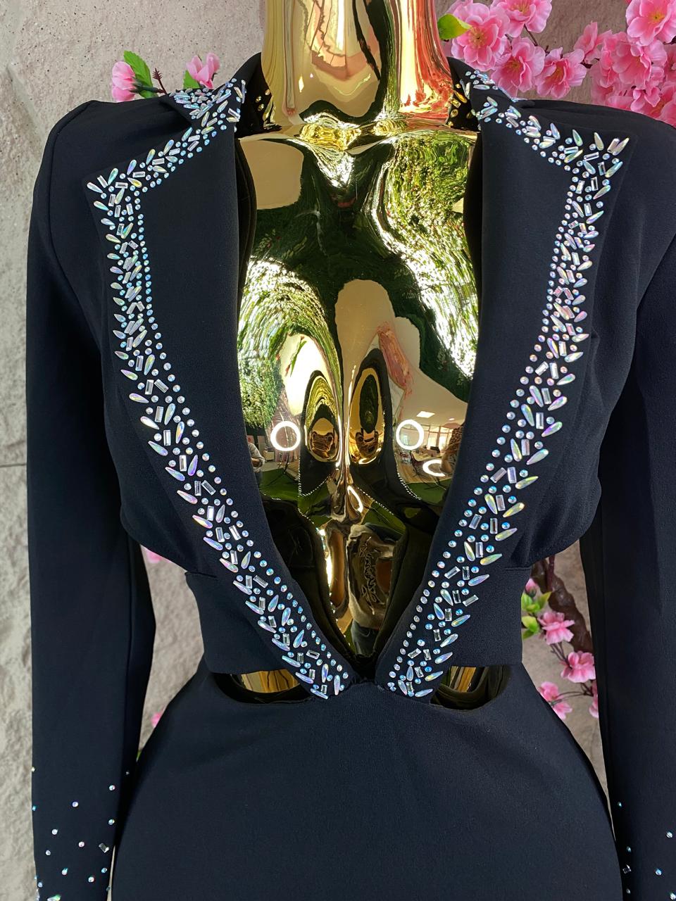 VESTIDO CON ESCOTE EN CADERA CON CRISTALES Y PLUMAS