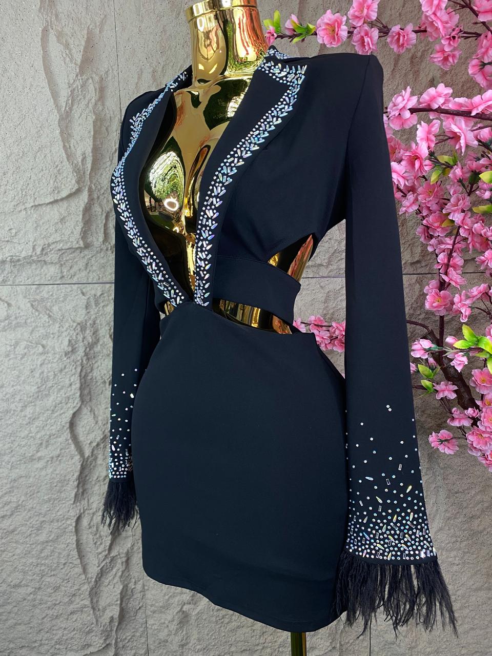 VESTIDO CON ESCOTE EN CADERA CON CRISTALES Y PLUMAS