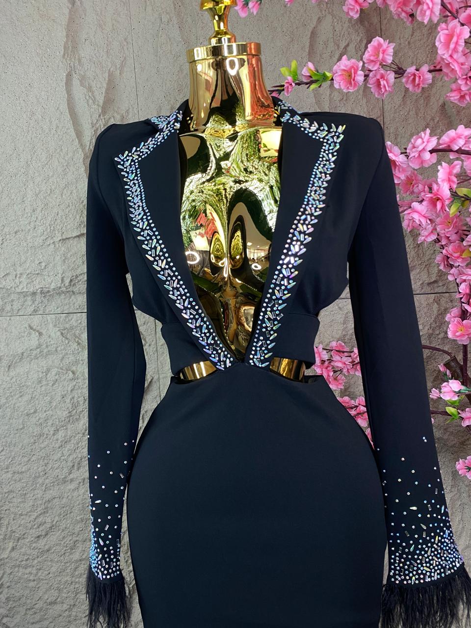 VESTIDO CON ESCOTE EN CADERA CON CRISTALES Y PLUMAS