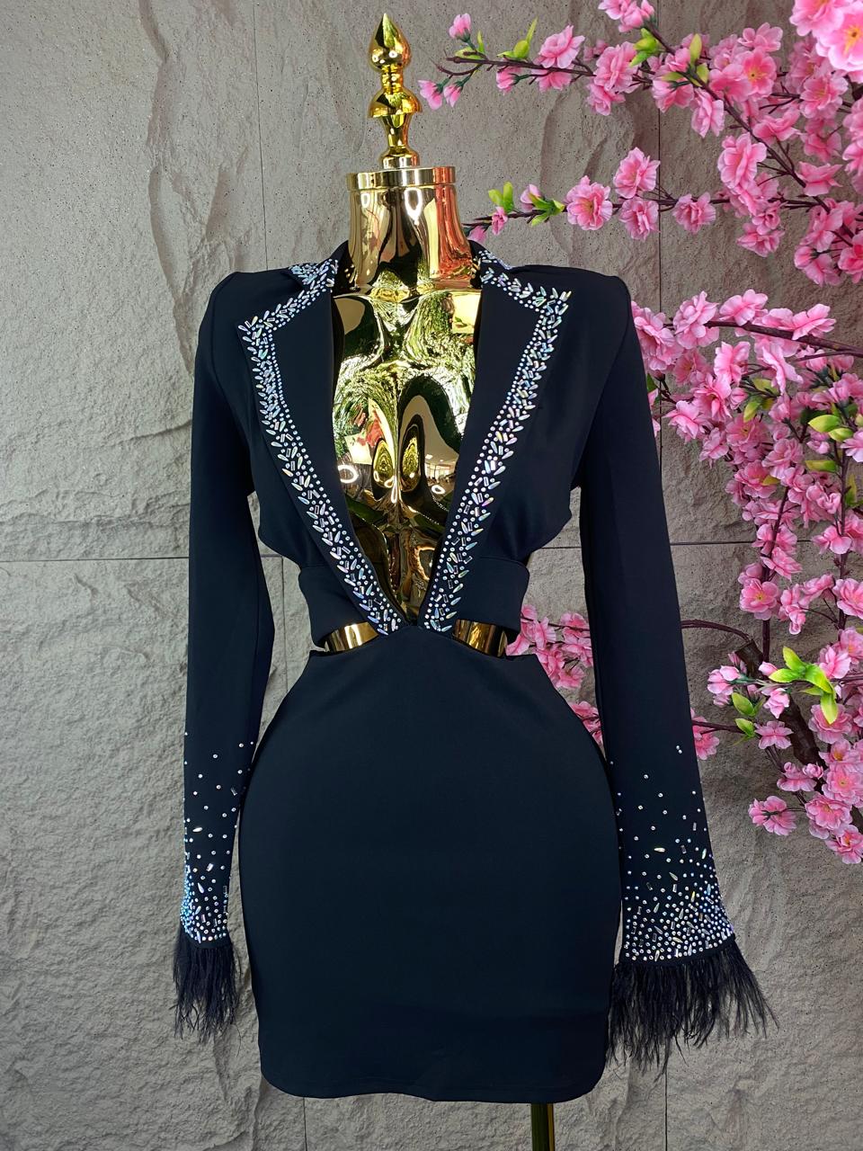VESTIDO CON ESCOTE EN CADERA CON CRISTALES Y PLUMAS