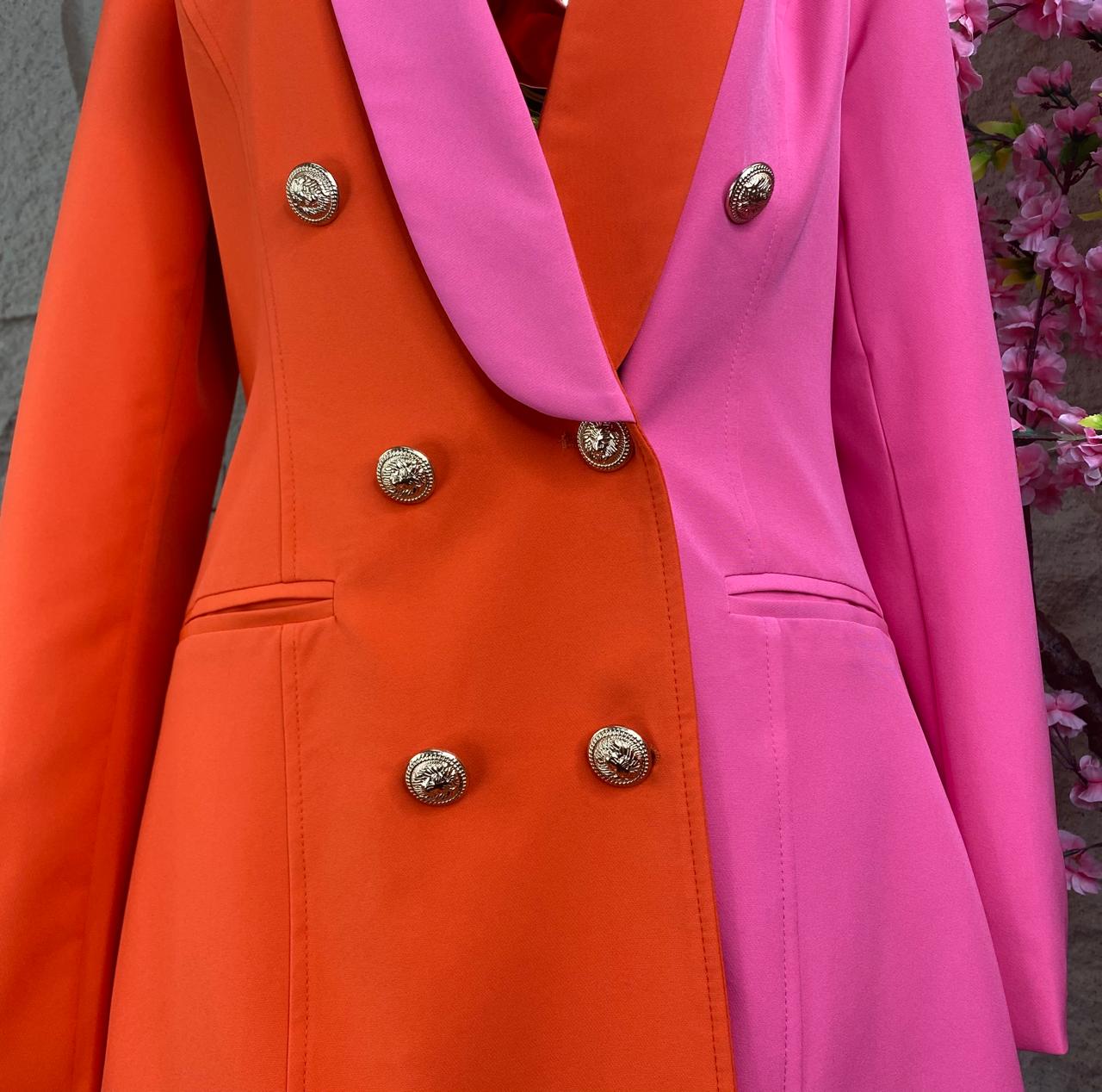 VESTIDO CON BOTONES AL FRENTE BICOLOR ROSA/NARANJA